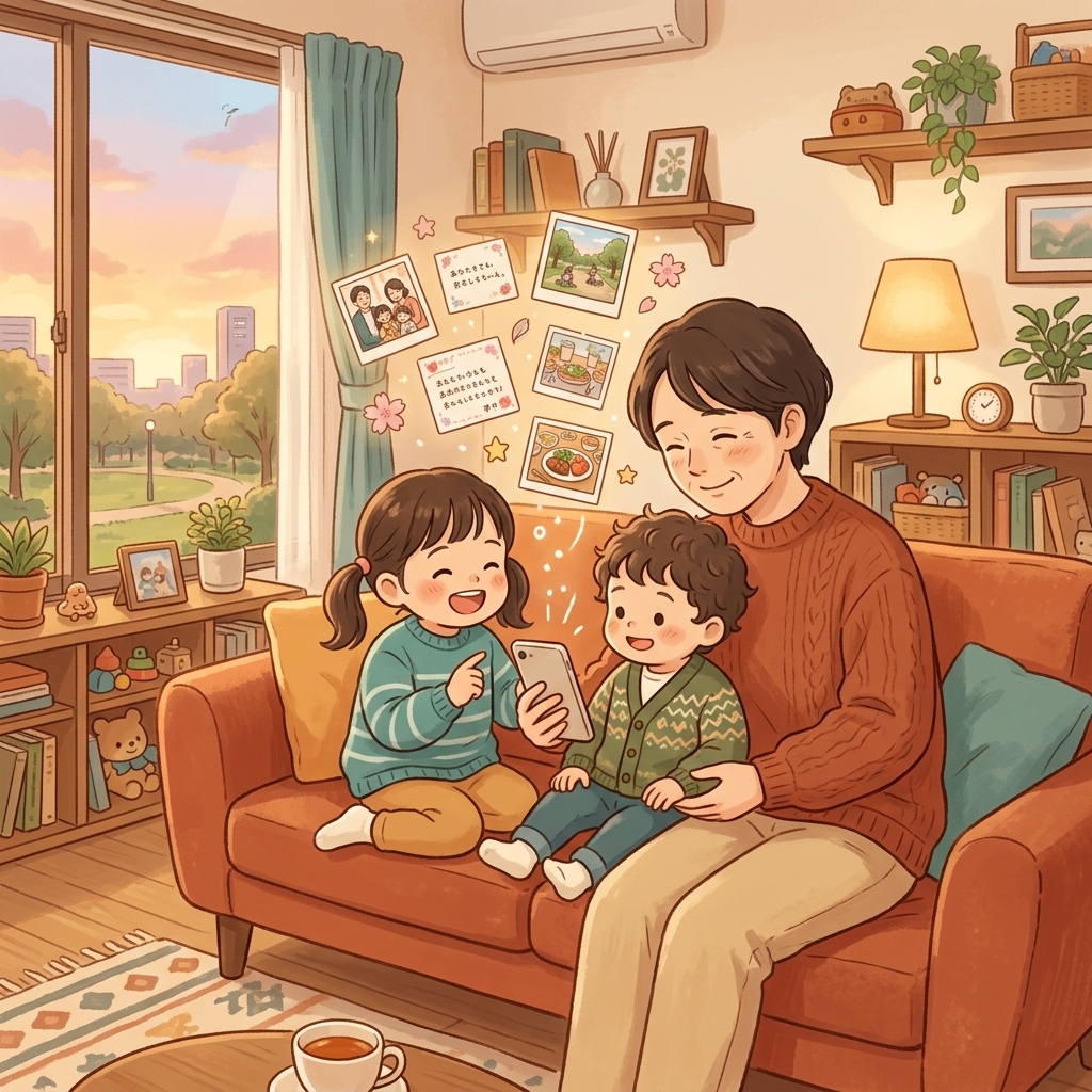 親子でソファに座り、スマートフォンに向かって子どもが今日の出来事を話している様子。写真カードが浮かび上がる演出