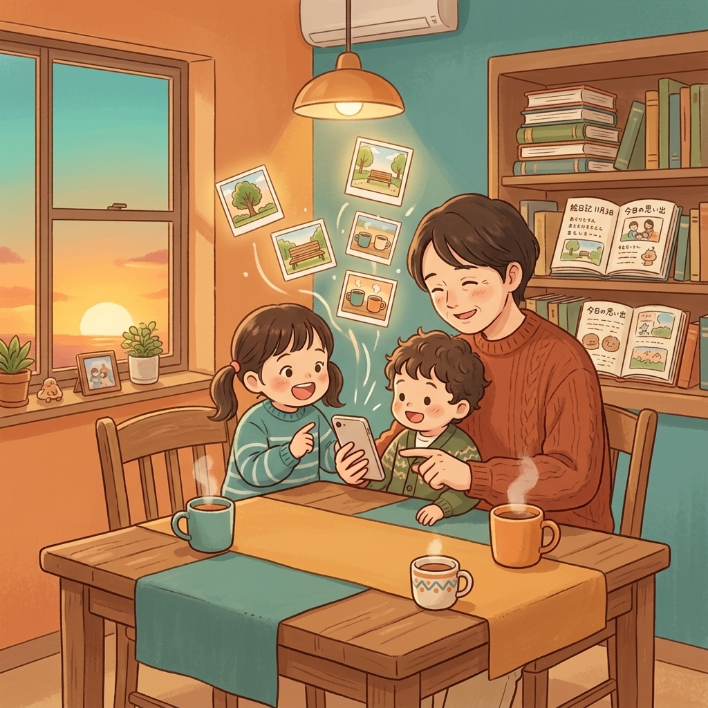 ダイニングテーブルで親子が写真を選んでいる様子。棚には絵日記の本が並んでいる